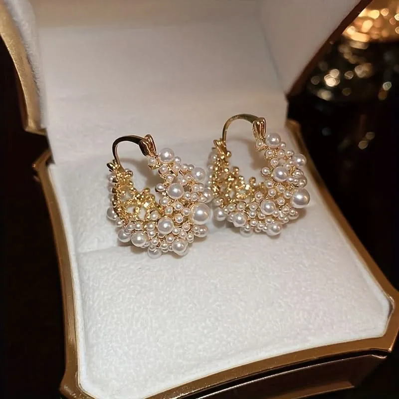 Elegant Pearl Flower Hoop Earrings