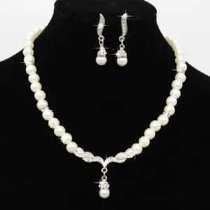 Elegant  Pearl Rhinestone Necklace Earrings Jewelry Set