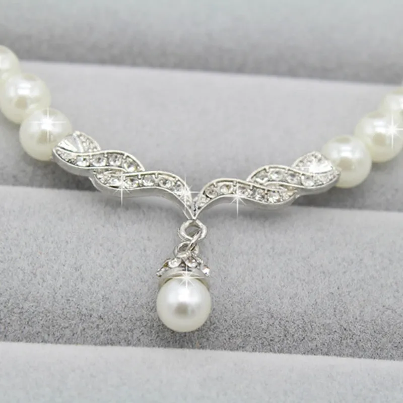 Elegant  Pearl Rhinestone Necklace Earrings Jewelry Set