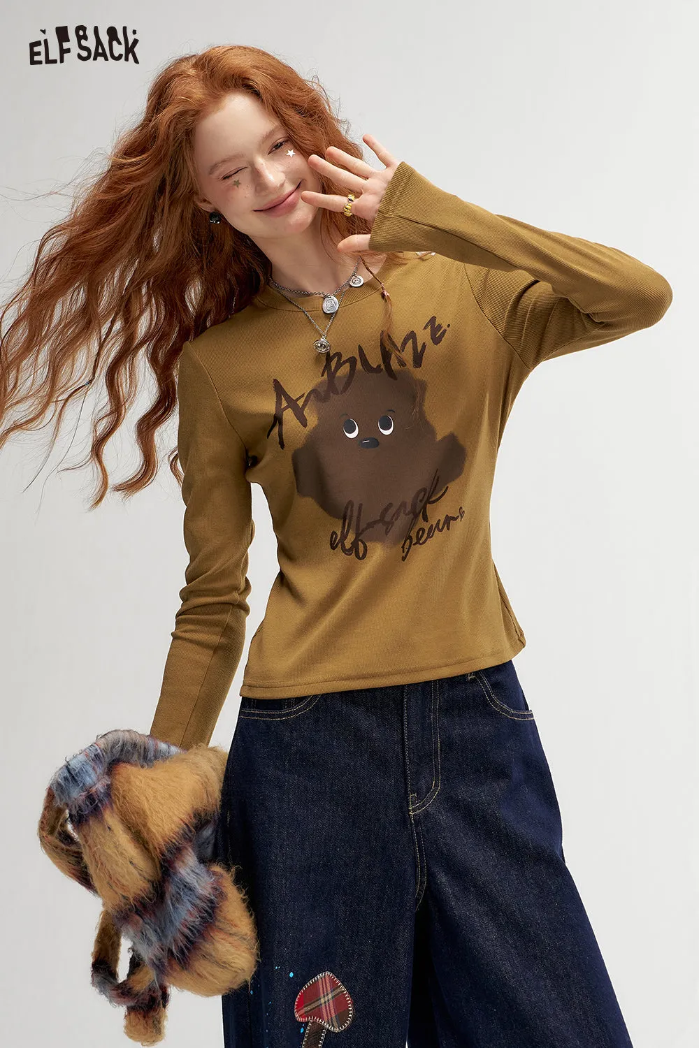 ELFSACK 2024 Autumn New Arrivals Retro Print Fitted Long Sleeve T-Shirt for Women Casual Sweet Layering Top