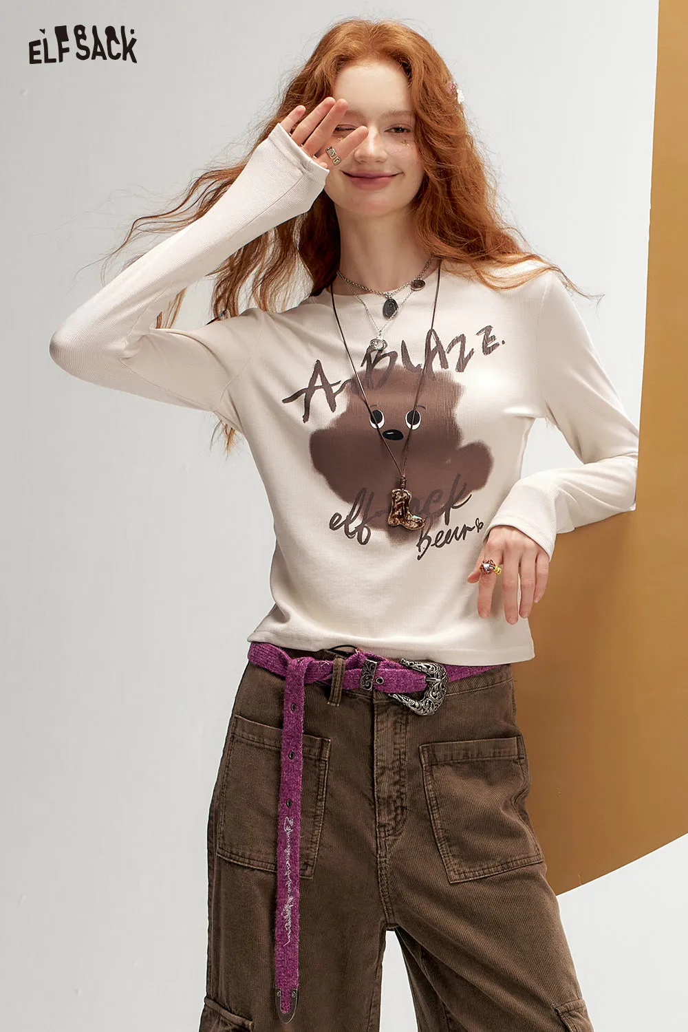 ELFSACK 2024 Autumn New Arrivals Retro Print Fitted Long Sleeve T-Shirt for Women Casual Sweet Layering Top