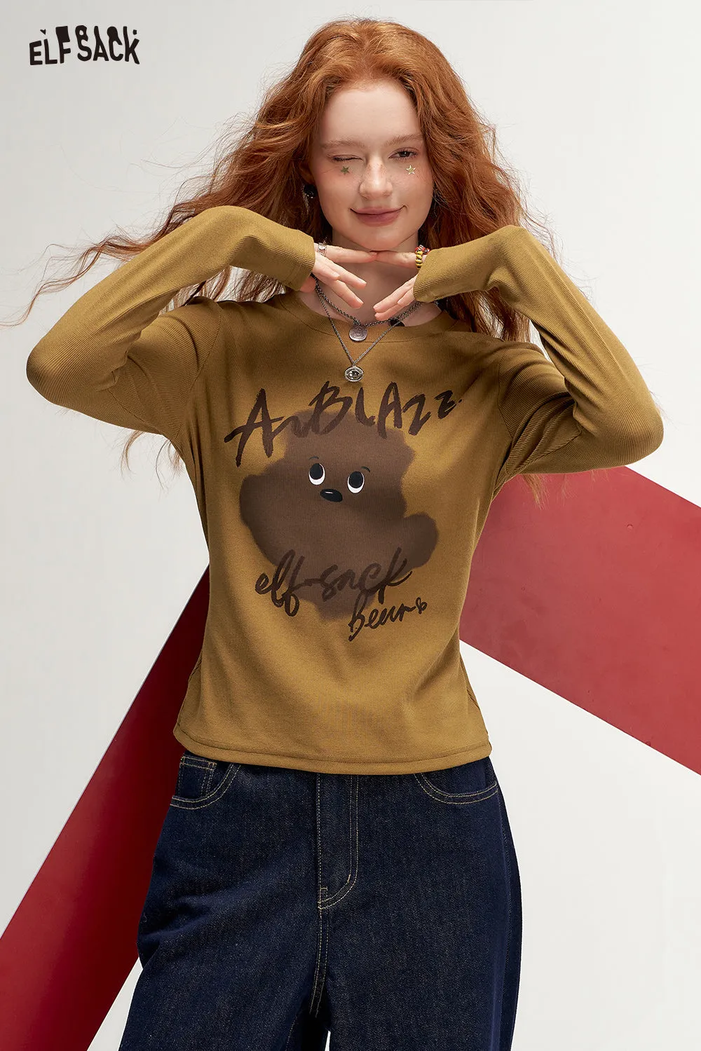 ELFSACK 2024 Autumn New Arrivals Retro Print Fitted Long Sleeve T-Shirt for Women Casual Sweet Layering Top