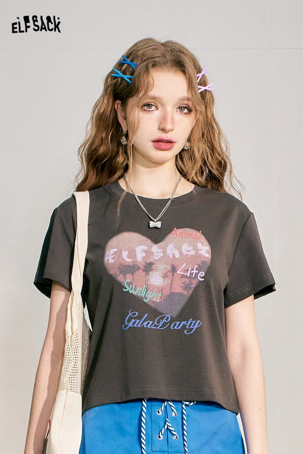 ELFSACK 2024 Summer New Love Print BM Slim Fit Short Sleeve T-shirt Women's Slim Short Top