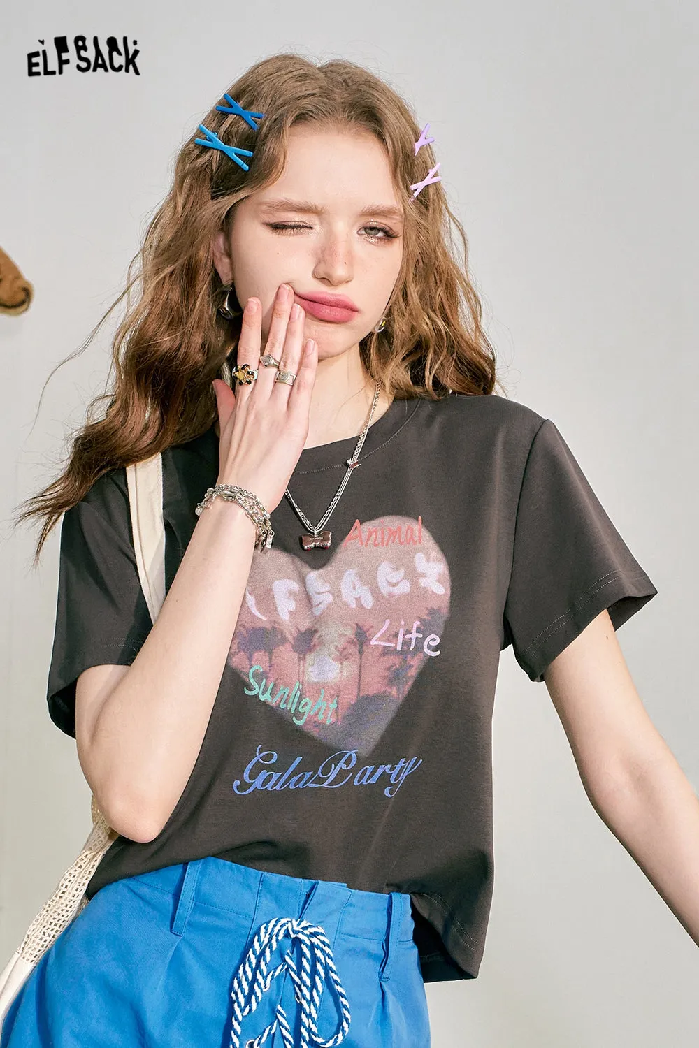 ELFSACK 2024 Summer New Love Print BM Slim Fit Short Sleeve T-shirt Women's Slim Short Top