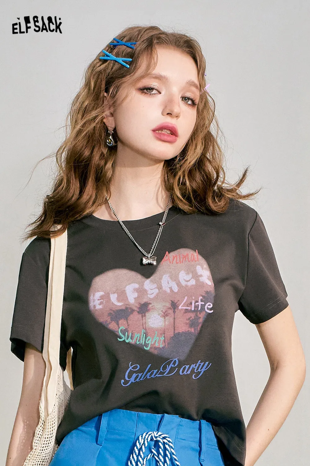 ELFSACK 2024 Summer New Love Print BM Slim Fit Short Sleeve T-shirt Women's Slim Short Top