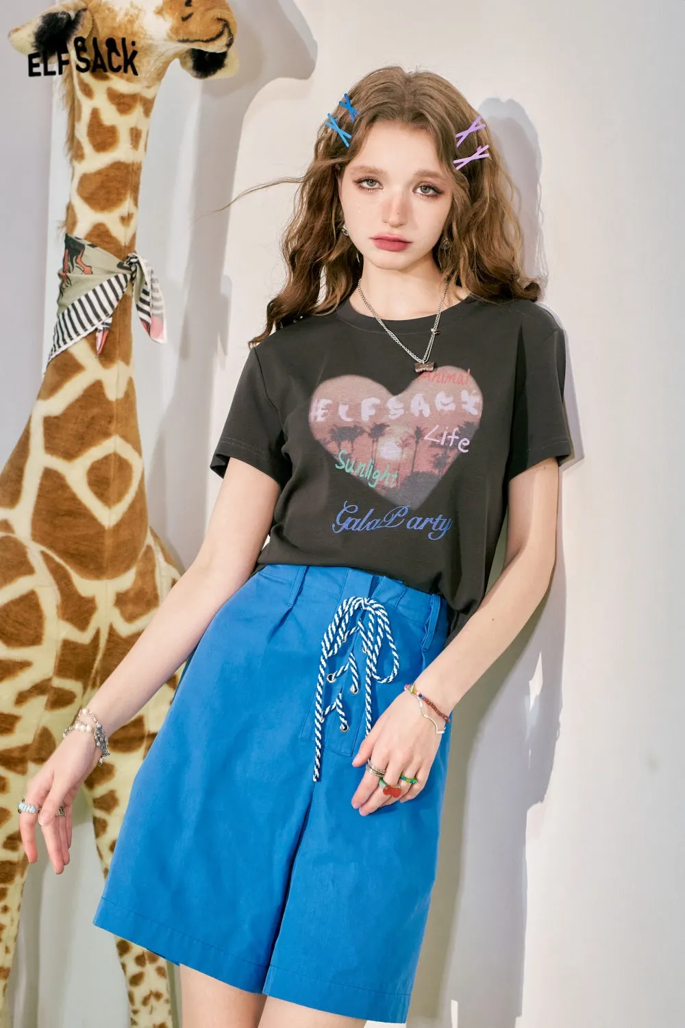ELFSACK 2024 Summer New Love Print BM Slim Fit Short Sleeve T-shirt Women's Slim Short Top