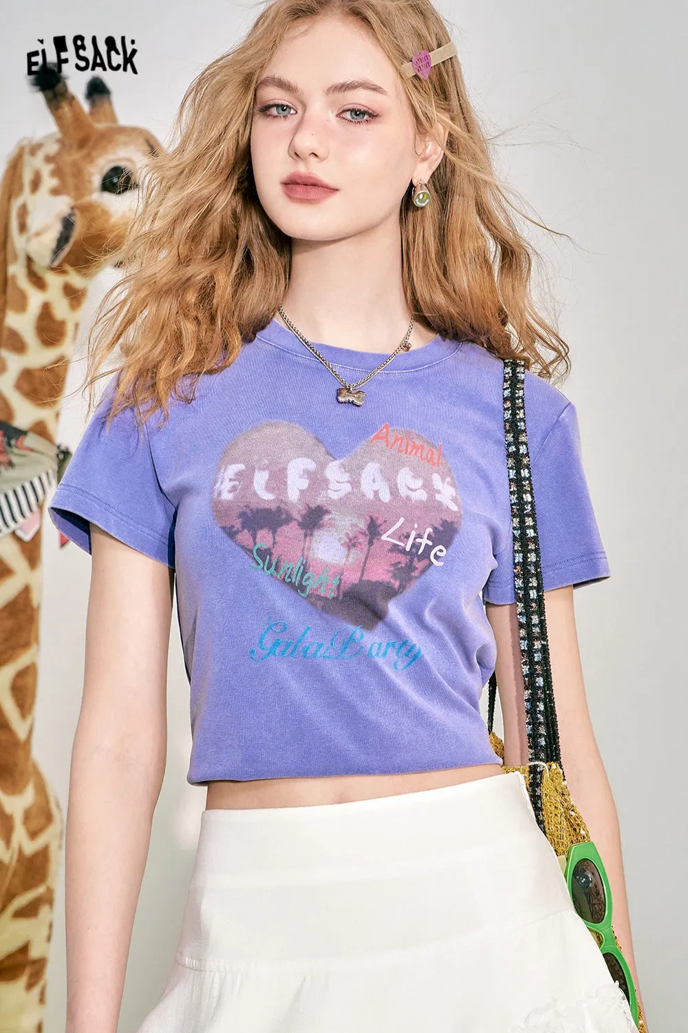 ELFSACK 2024 Summer New Love Print BM Slim Fit Short Sleeve T-shirt Women's Slim Short Top