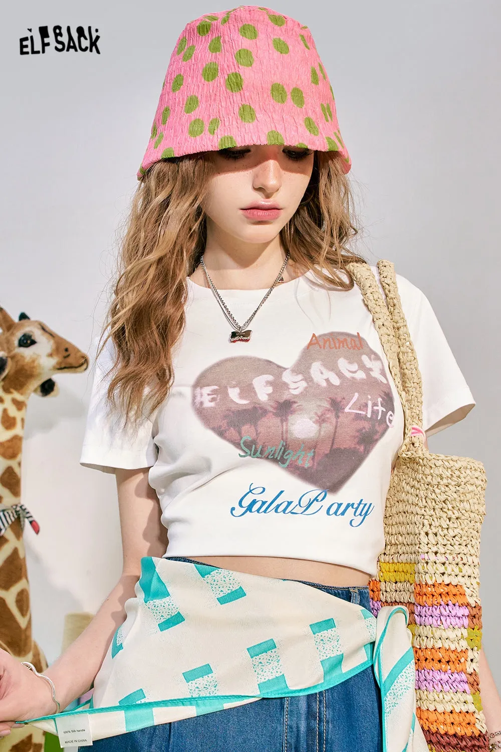 ELFSACK 2024 Summer New Love Print BM Slim Fit Short Sleeve T-shirt Women's Slim Short Top