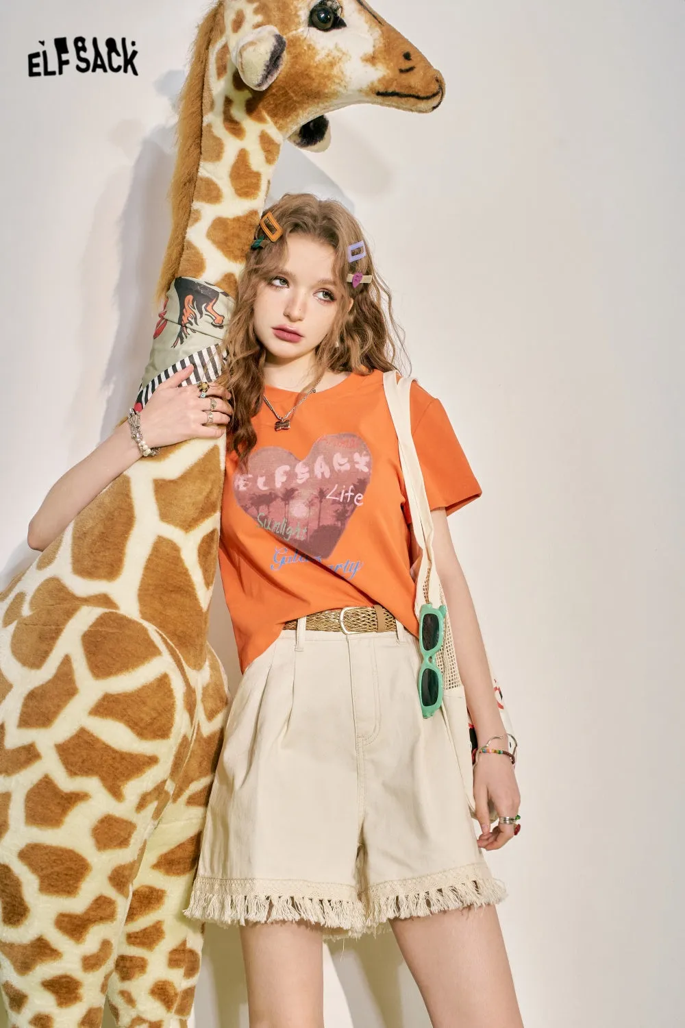 ELFSACK 2024 Summer New Love Print BM Slim Fit Short Sleeve T-shirt Women's Slim Short Top