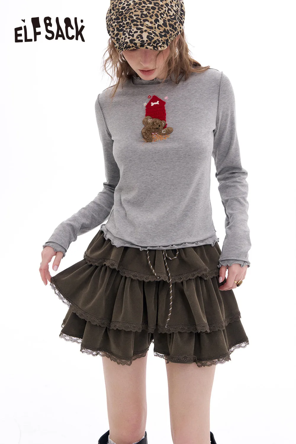 ELFSACK 2025 Spring New Arrivals Ear Edge Base Layer Top Thin Long Sleeve T-Shirt White Wood Ear Edge Top