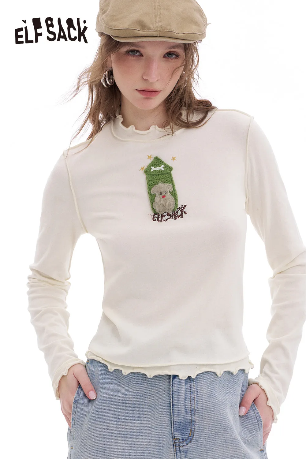 ELFSACK 2025 Spring New Arrivals Ear Edge Base Layer Top Thin Long Sleeve T-Shirt White Wood Ear Edge Top