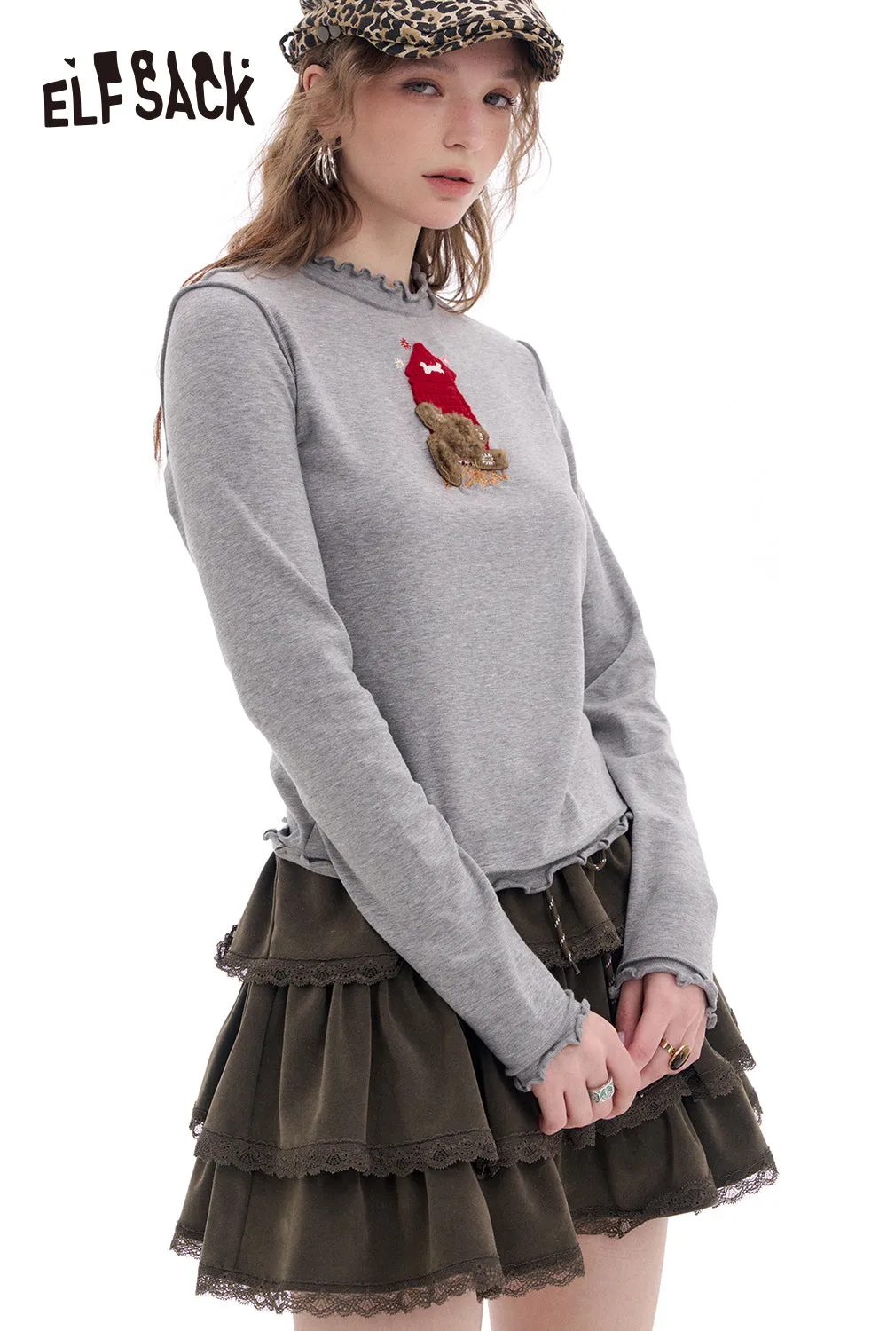 ELFSACK 2025 Spring New Arrivals Ear Edge Base Layer Top Thin Long Sleeve T-Shirt White Wood Ear Edge Top