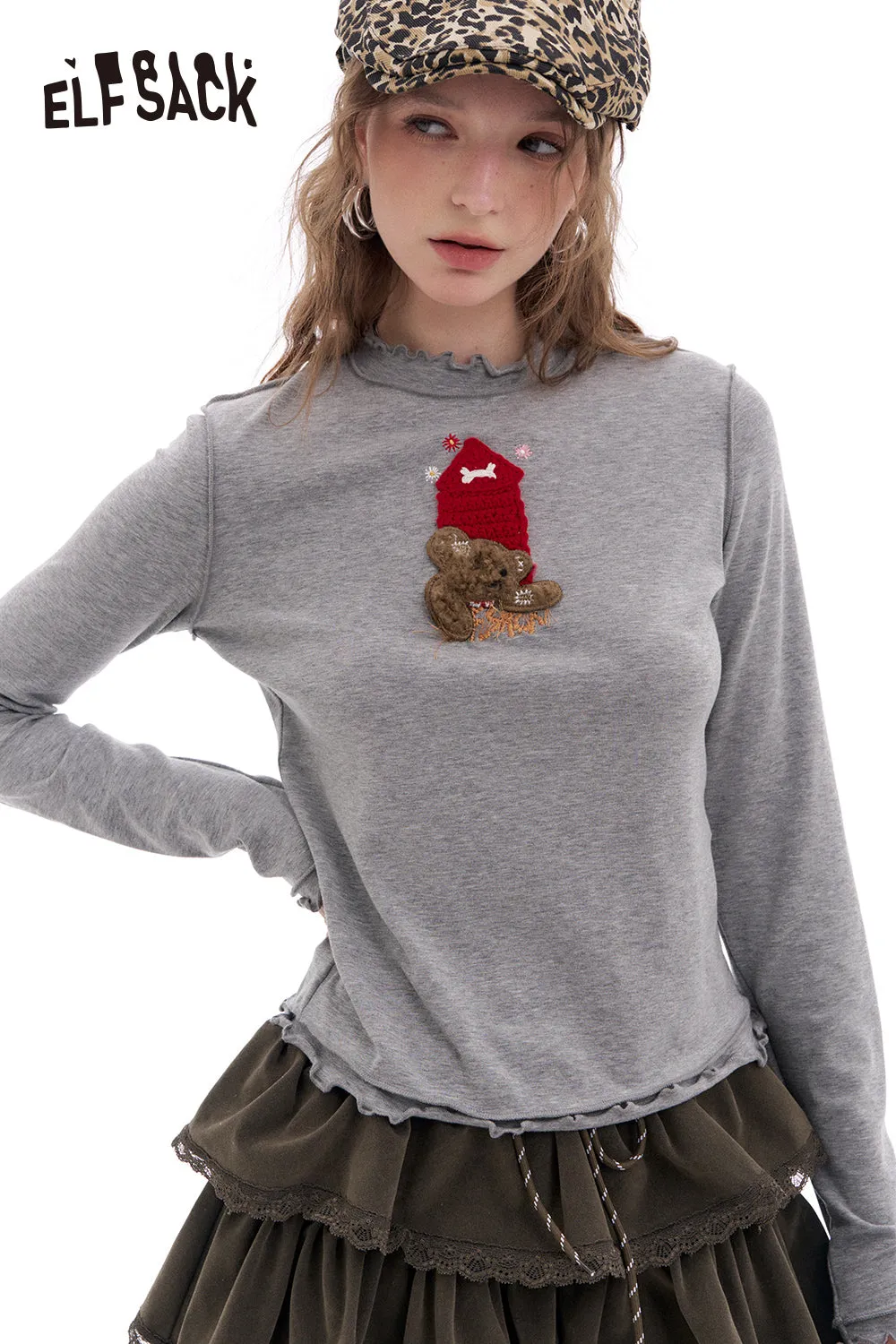 ELFSACK 2025 Spring New Arrivals Ear Edge Base Layer Top Thin Long Sleeve T-Shirt White Wood Ear Edge Top