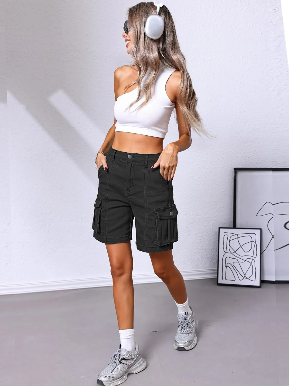 ELLEVEN Bermuda Cargo Shorts Women, Elastic High Waist 6 Pockets Shorts 7 Inch Inseam Summer Jorts for Women Casual