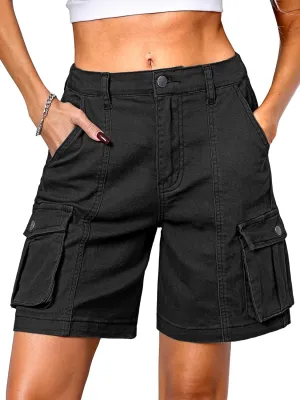 ELLEVEN Bermuda Cargo Shorts Women, Elastic High Waist 6 Pockets Shorts 7 Inch Inseam Summer Jorts for Women Casual