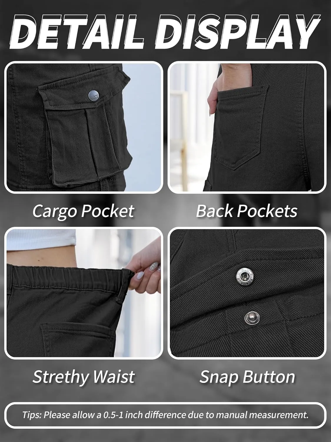 ELLEVEN Bermuda Cargo Shorts Women, Elastic High Waist 6 Pockets Shorts 7 Inch Inseam Summer Jorts for Women Casual