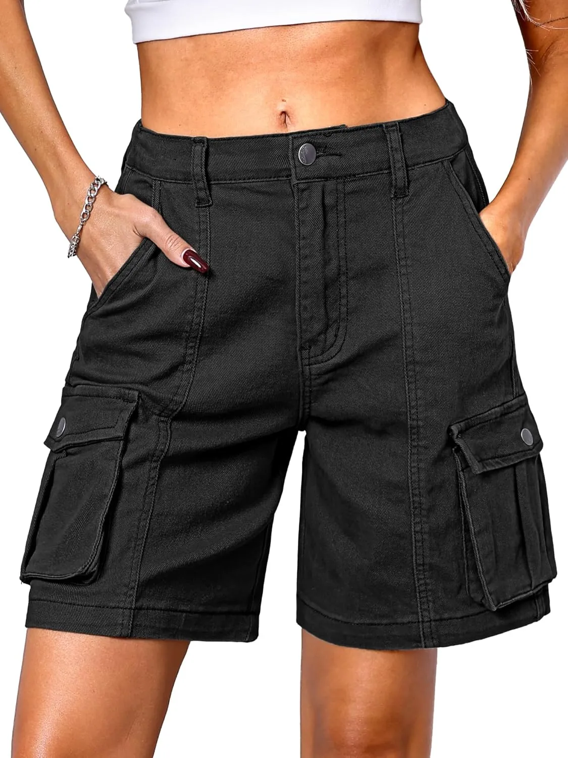 ELLEVEN Bermuda Cargo Shorts Women, Elastic High Waist 6 Pockets Shorts 7 Inch Inseam Summer Jorts for Women Casual