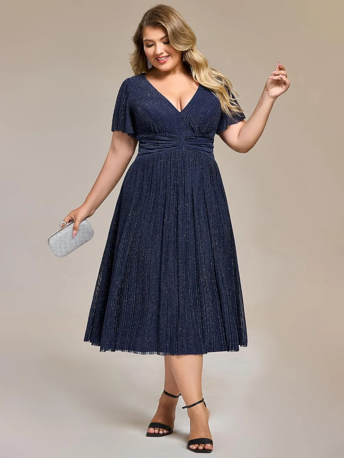 Ever-Pretty Plus Women's V Neck Short Sleeves A Line Glitter Midi Plus Size Formal Wedding Guest Dresses