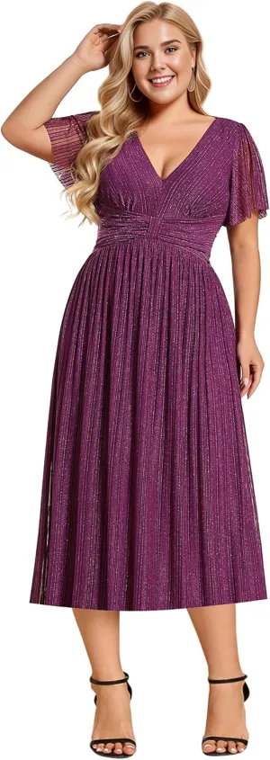 Ever-Pretty Plus Women's V Neck Short Sleeves A Line Glitter Midi Plus Size Formal Wedding Guest Dresses