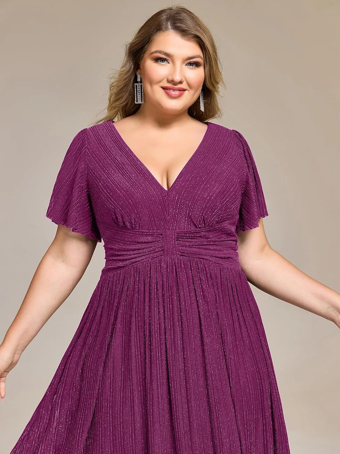 Ever-Pretty Plus Women's V Neck Short Sleeves A Line Glitter Midi Plus Size Formal Wedding Guest Dresses