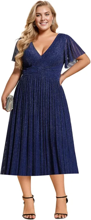 Ever-Pretty Plus Women's V Neck Short Sleeves A Line Glitter Midi Plus Size Formal Wedding Guest Dresses