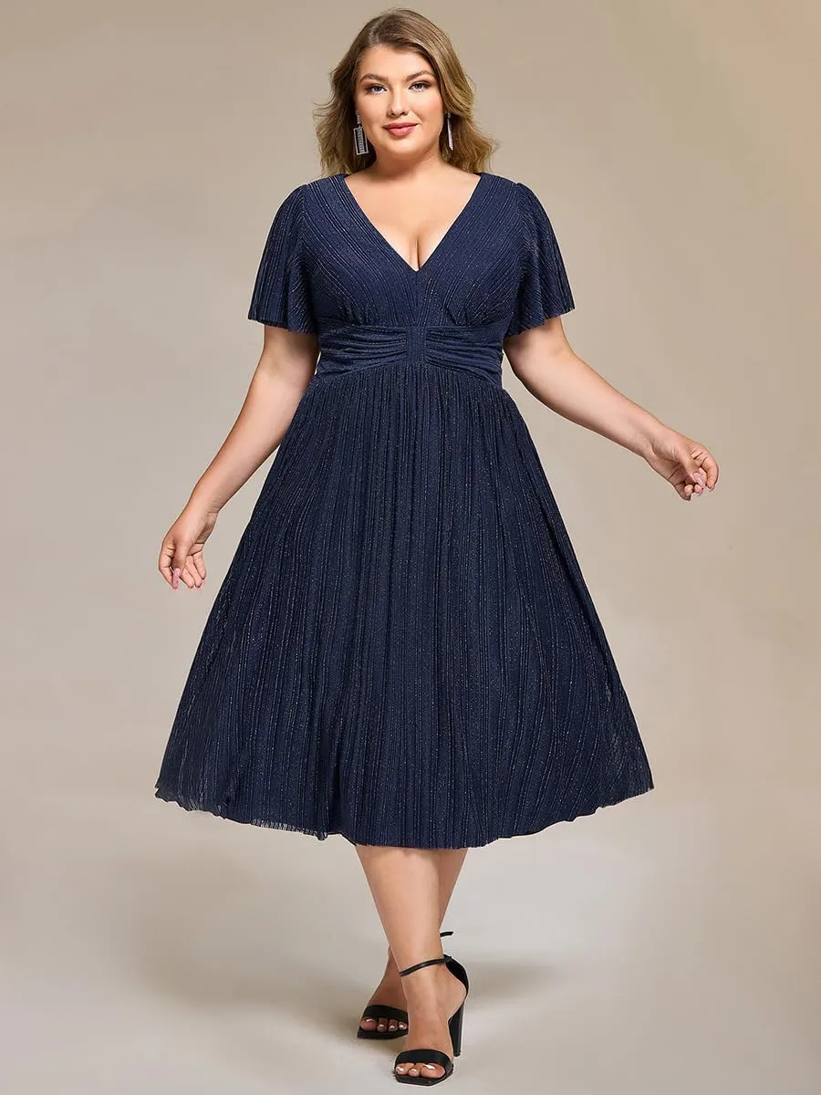 Ever-Pretty Plus Women's V Neck Short Sleeves A Line Glitter Midi Plus Size Formal Wedding Guest Dresses