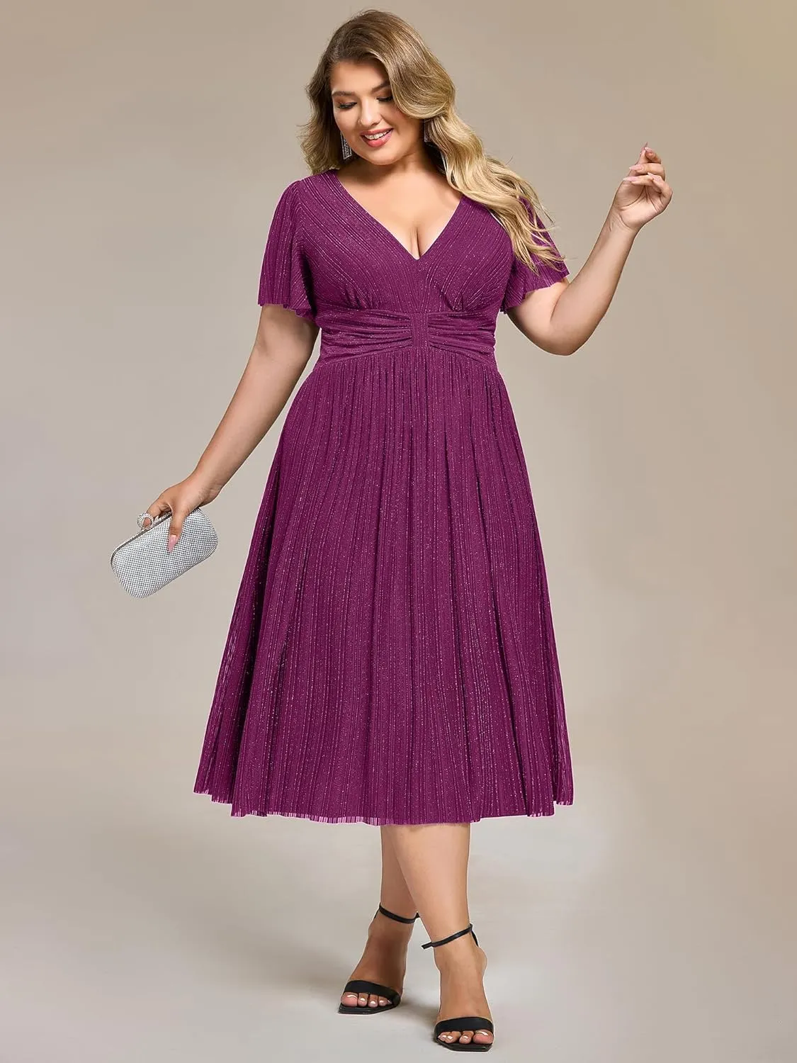 Ever-Pretty Plus Women's V Neck Short Sleeves A Line Glitter Midi Plus Size Formal Wedding Guest Dresses