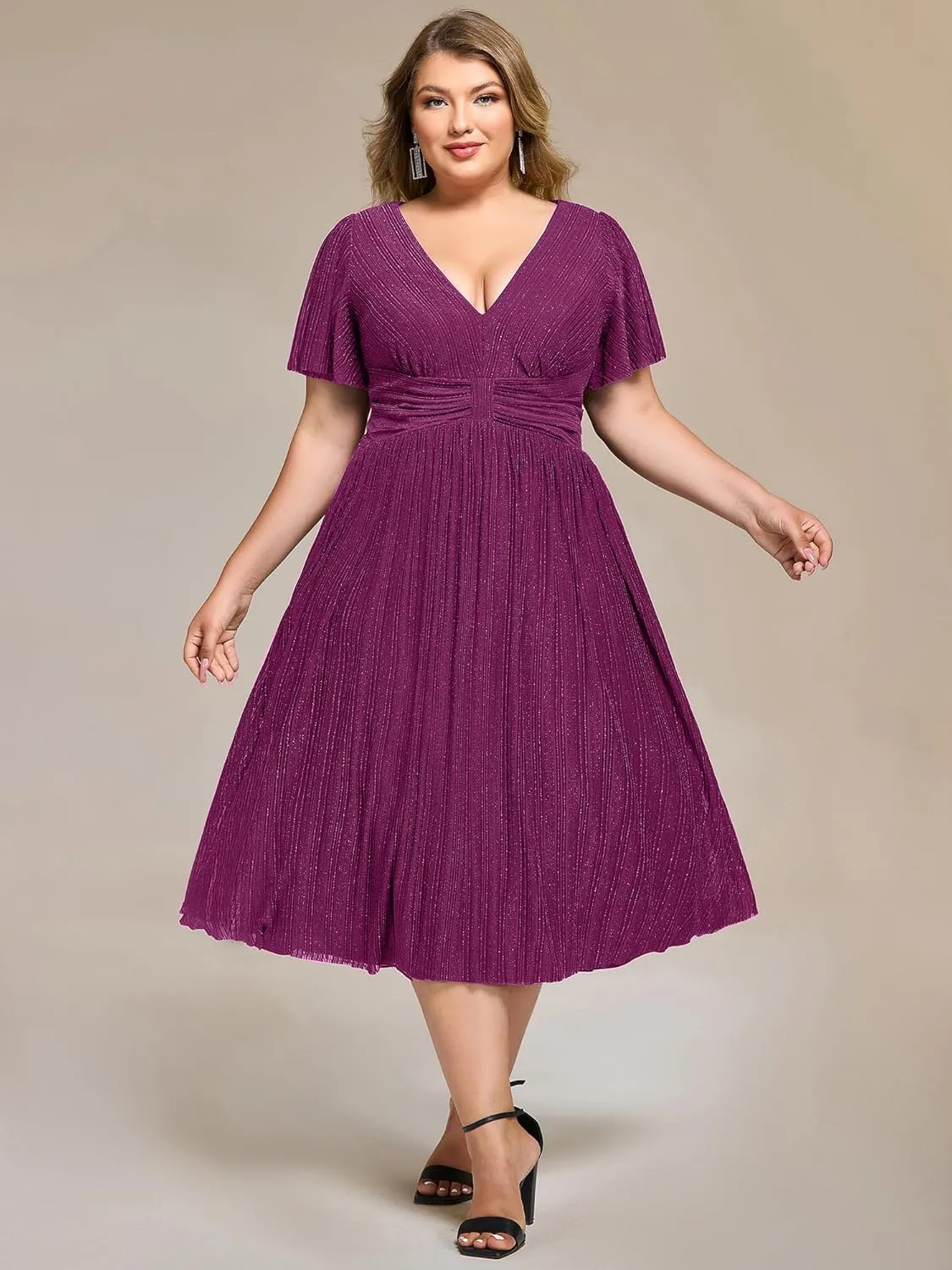 Ever-Pretty Plus Women's V Neck Short Sleeves A Line Glitter Midi Plus Size Formal Wedding Guest Dresses