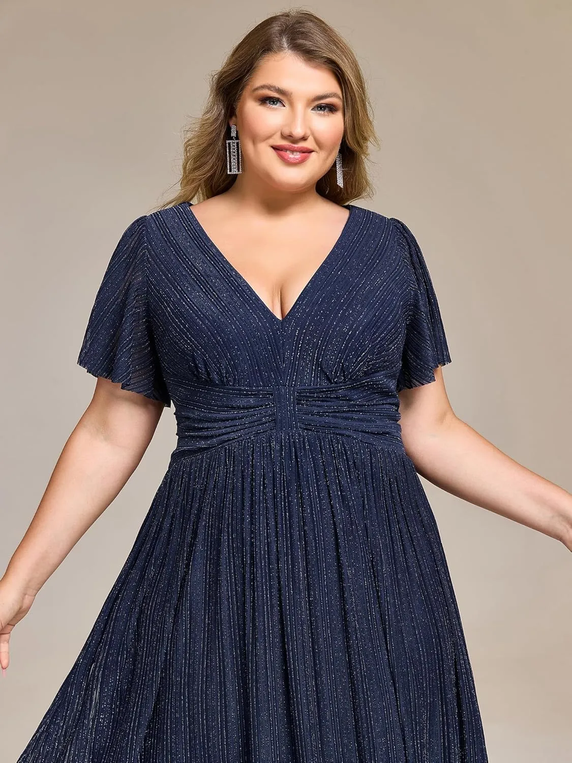 Ever-Pretty Plus Women's V Neck Short Sleeves A Line Glitter Midi Plus Size Formal Wedding Guest Dresses