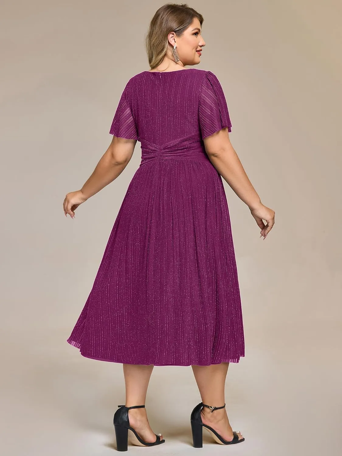 Ever-Pretty Plus Women's V Neck Short Sleeves A Line Glitter Midi Plus Size Formal Wedding Guest Dresses