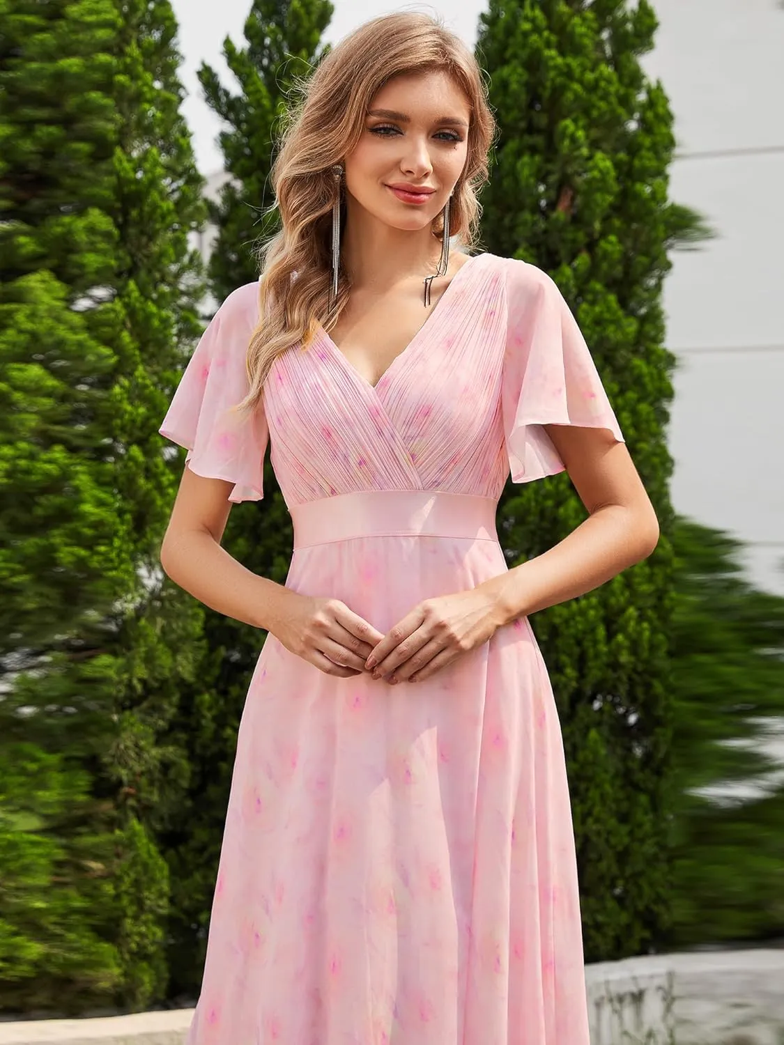 Ever-Pretty Women's Classic Chiffon Short Sleeve Pleated V-Neck Floor Length Bridesmaid Dresses 09890