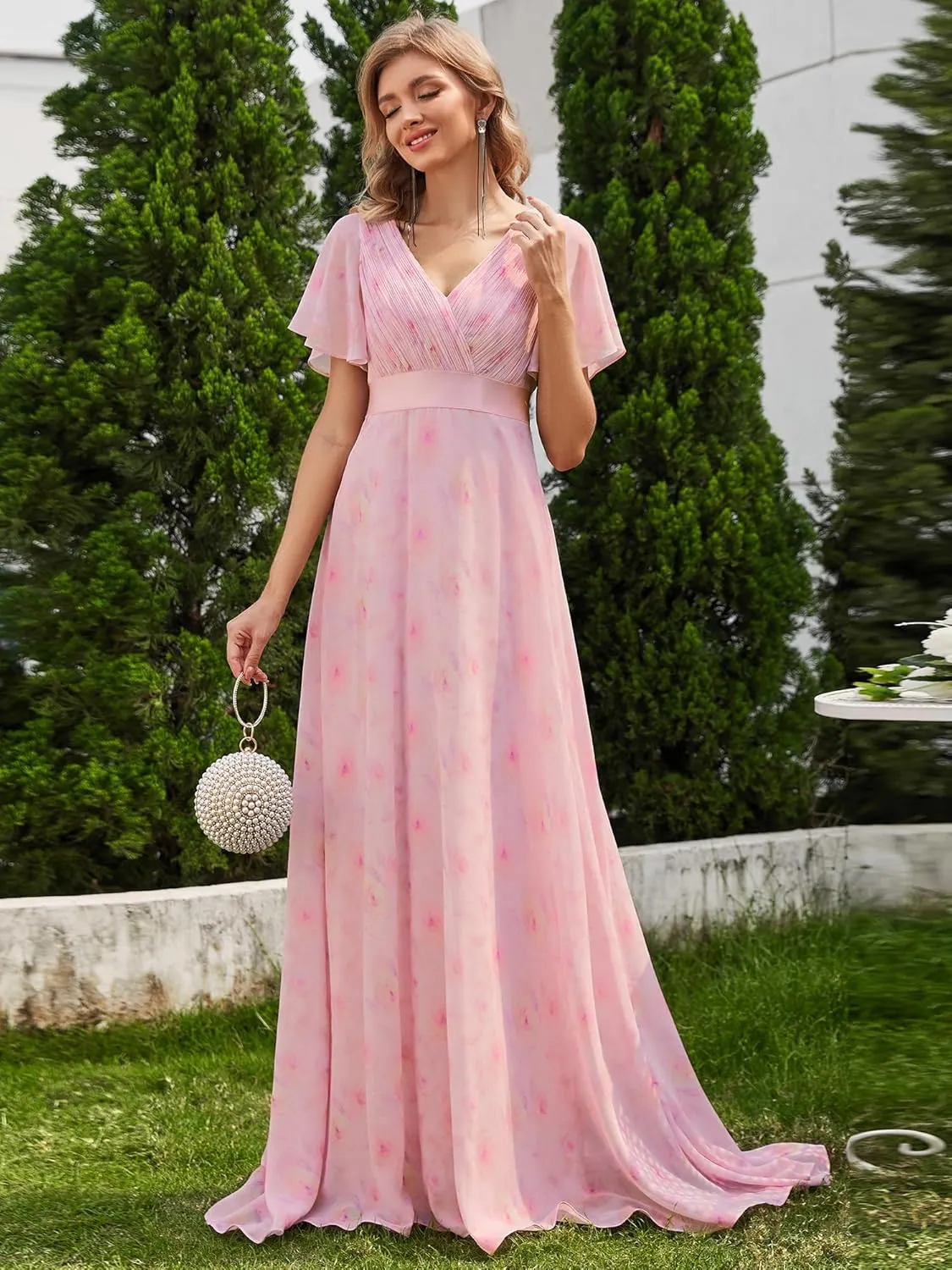 Ever-Pretty Women's Classic Chiffon Short Sleeve Pleated V-Neck Floor Length Bridesmaid Dresses 09890