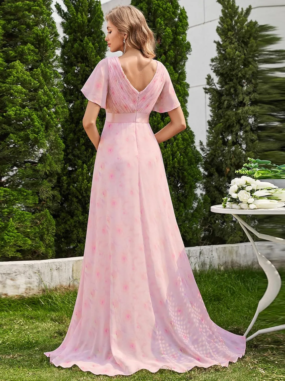 Ever-Pretty Women's Classic Chiffon Short Sleeve Pleated V-Neck Floor Length Bridesmaid Dresses 09890