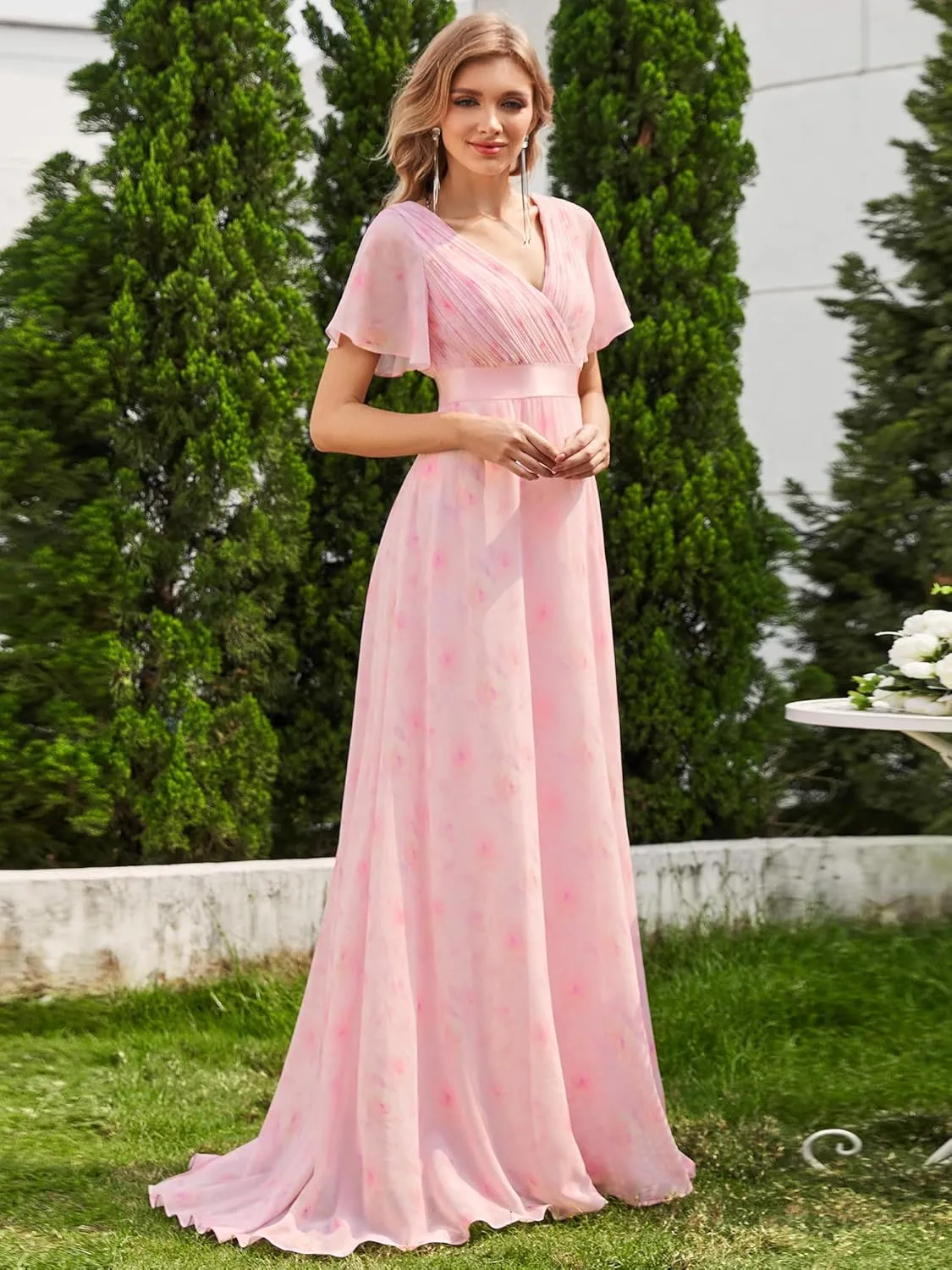 Ever-Pretty Women's Classic Chiffon Short Sleeve Pleated V-Neck Floor Length Bridesmaid Dresses 09890