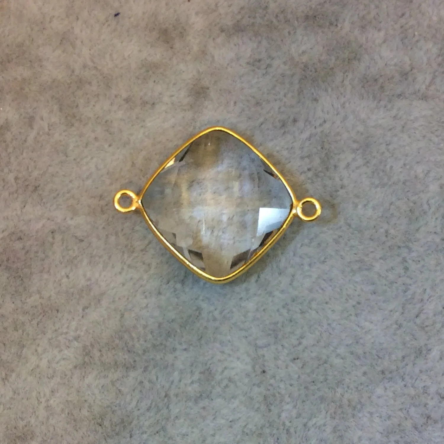 Faceted Clear Quartz Diamond Shaped Bezel Two Ring Connector Component - 18mm x 18mm- Sold Individually