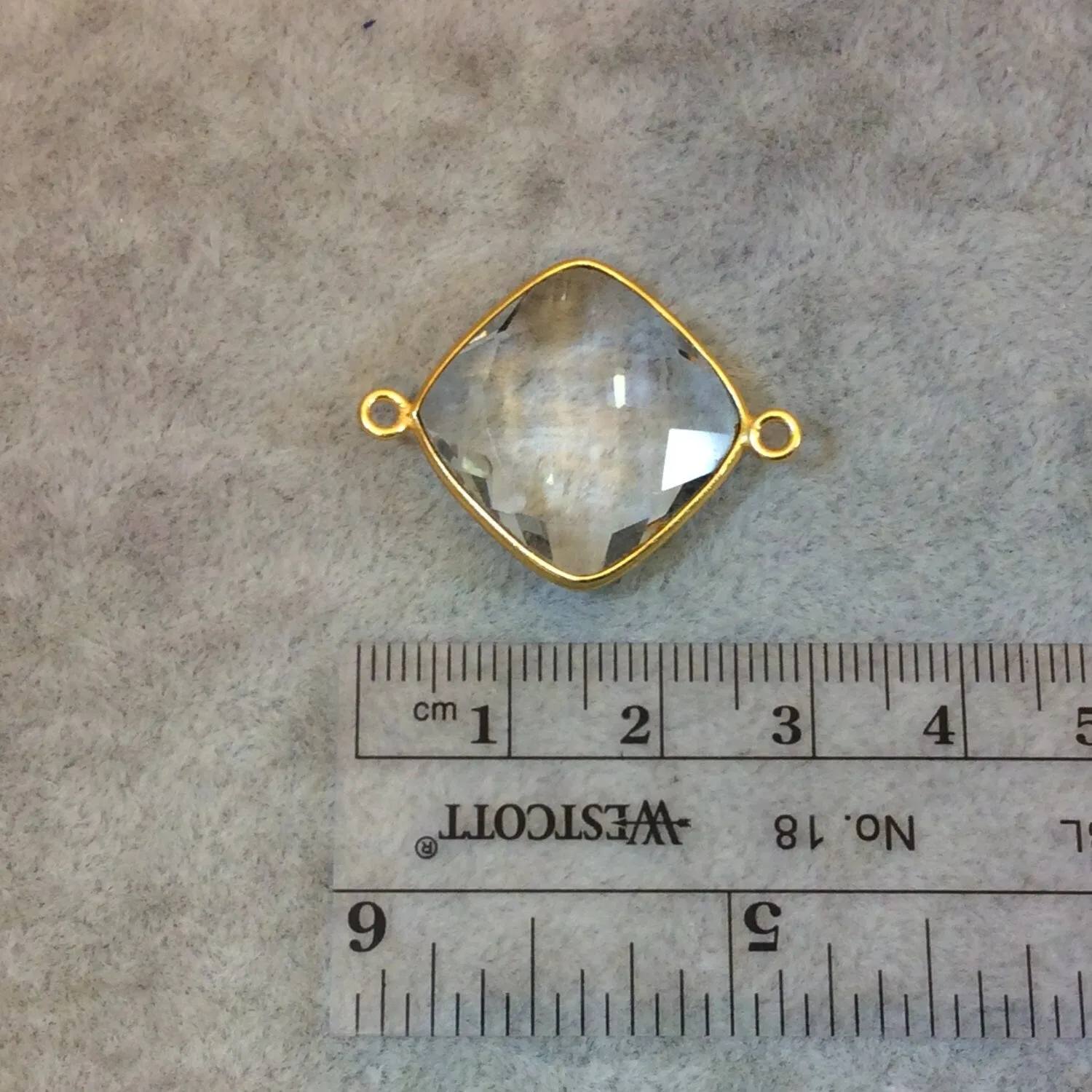 Faceted Clear Quartz Diamond Shaped Bezel Two Ring Connector Component - 18mm x 18mm- Sold Individually