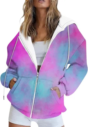 Fall Clothes For Women 2024 Zip Up Long Sleeve Hooded Sweatshirts With Pocket Drawstring Gradient Hoodies