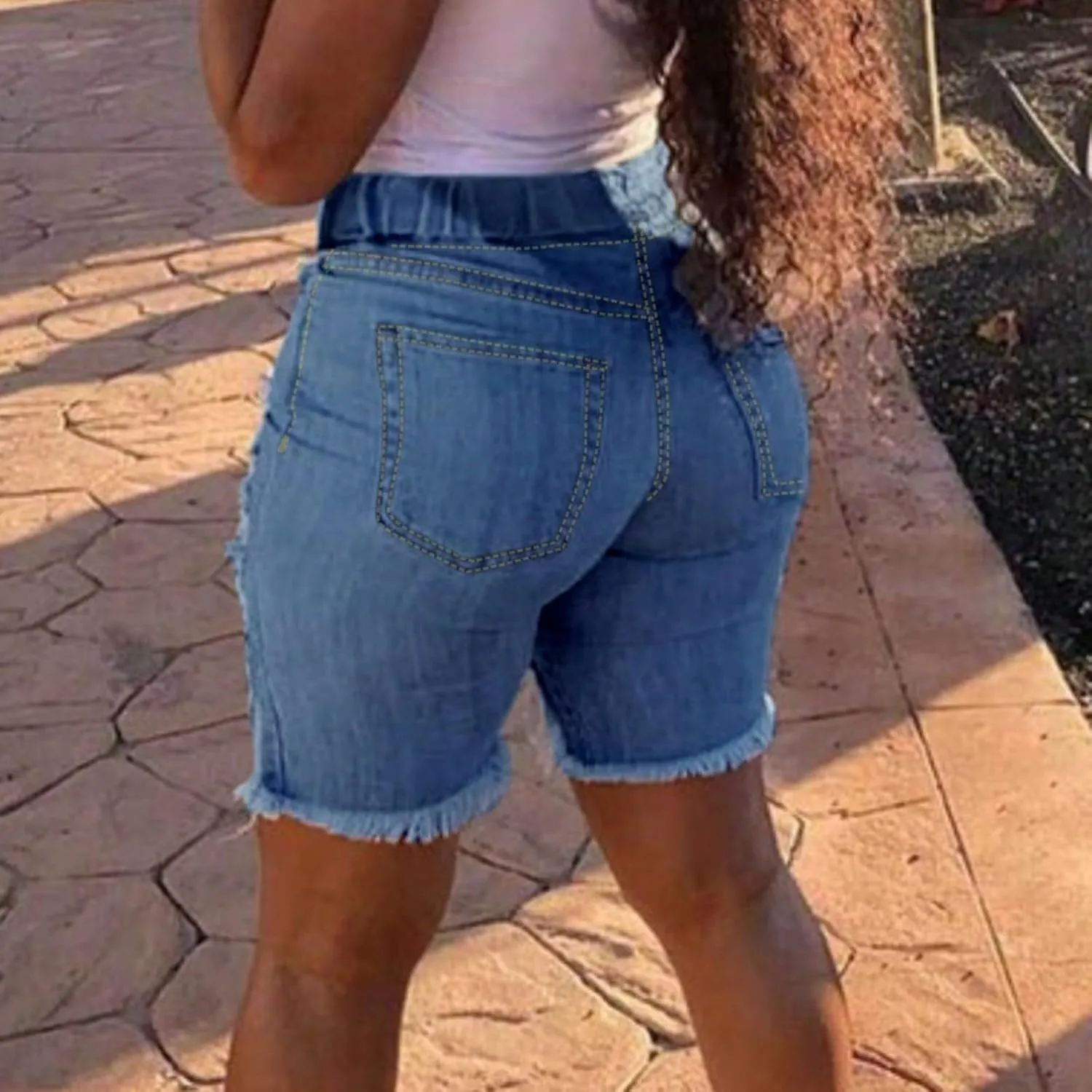 fanmpghleoo Shorts for Women Drawstring High Waisted Ripped Jean Shorts Trendy Raw Hem Jeans Lounge Baggy Jorts with Pockets