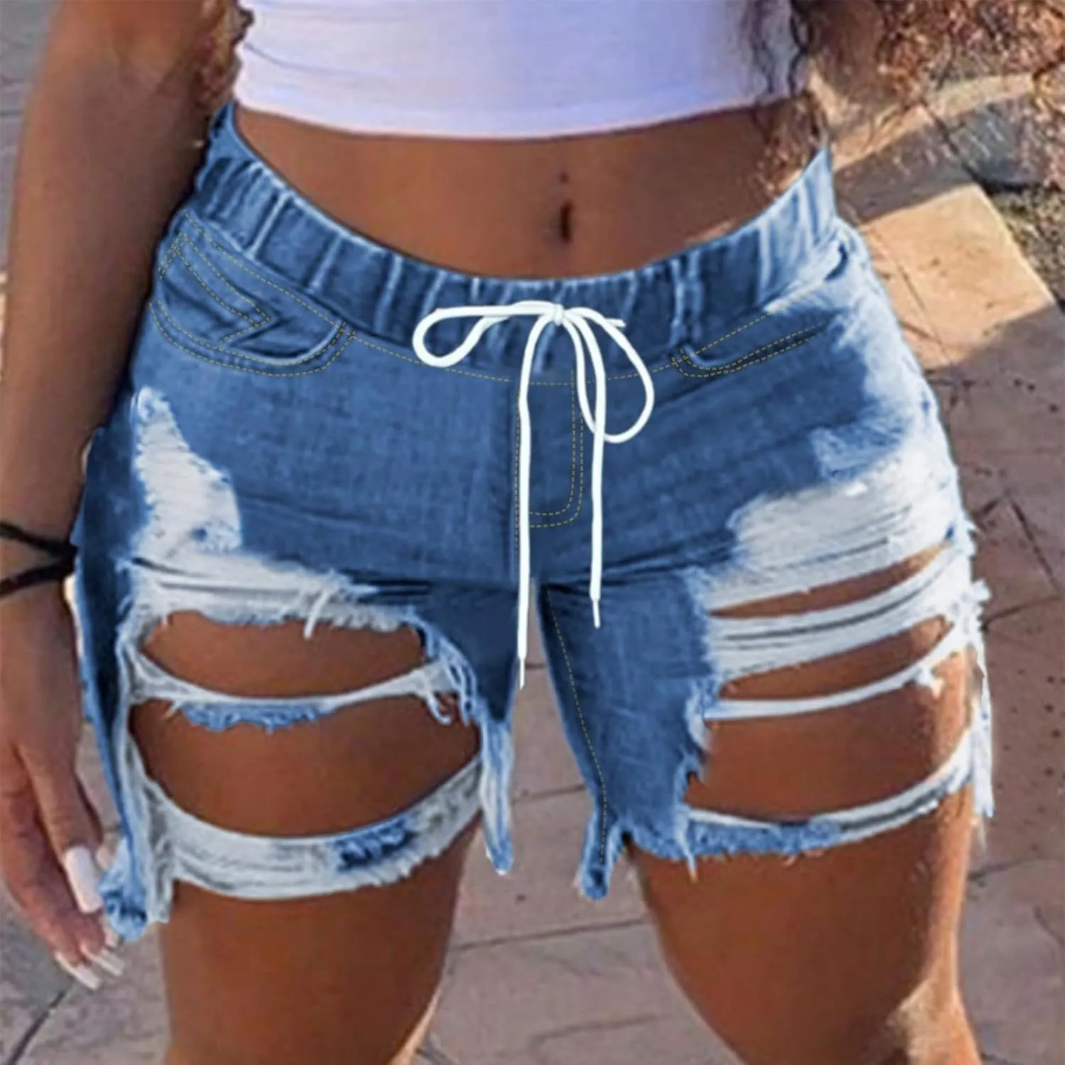 fanmpghleoo Shorts for Women Drawstring High Waisted Ripped Jean Shorts Trendy Raw Hem Jeans Lounge Baggy Jorts with Pockets