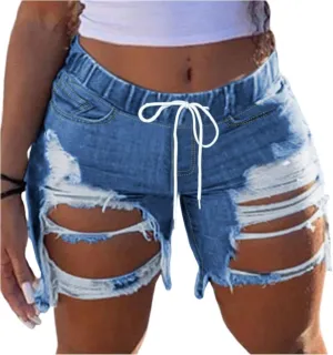 fanmpghleoo Shorts for Women Drawstring High Waisted Ripped Jean Shorts Trendy Raw Hem Jeans Lounge Baggy Jorts with Pockets