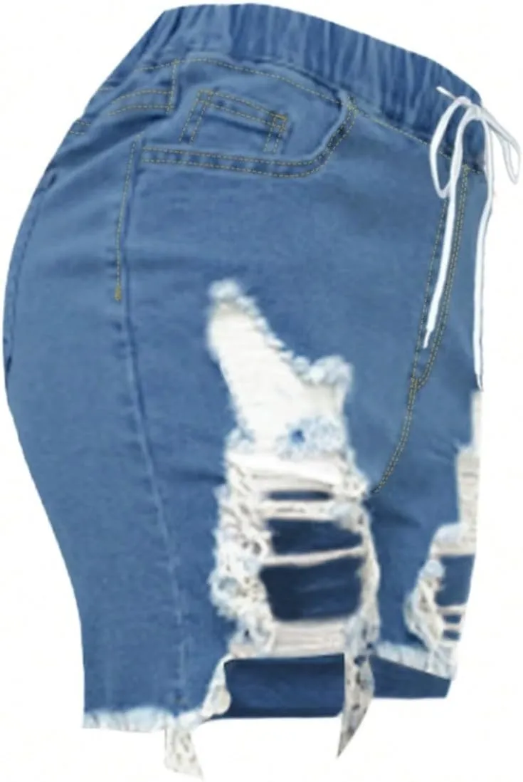 fanmpghleoo Shorts for Women Drawstring High Waisted Ripped Jean Shorts Trendy Raw Hem Jeans Lounge Baggy Jorts with Pockets