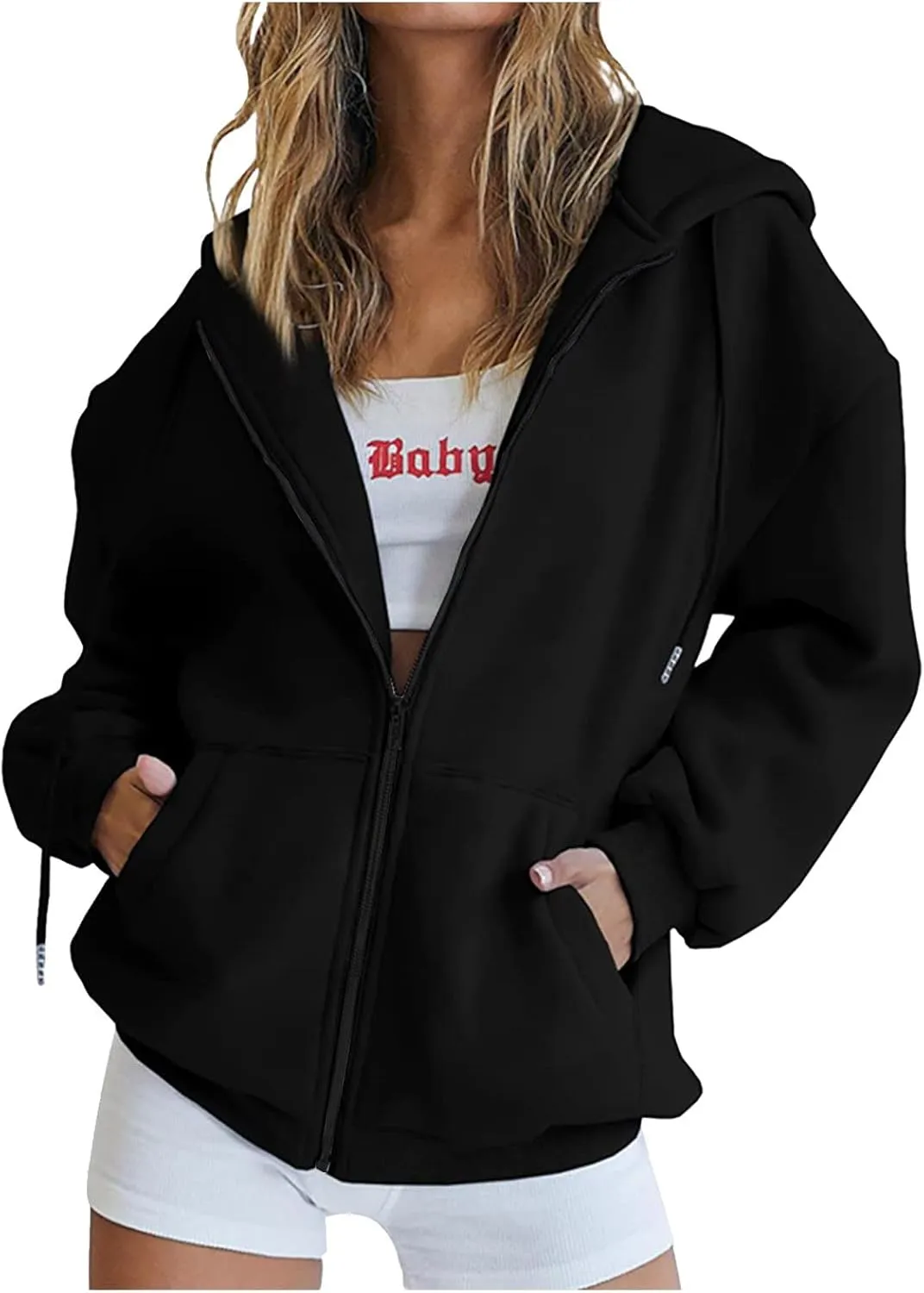 fartey Zip Up Hoodie Women Oversized Long Sleeve Sweatshirts Teen Girl Y2K Clothes Casual Drawstring Jackets With Pockets