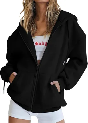 fartey Zip Up Hoodie Women Oversized Long Sleeve Sweatshirts Teen Girl Y2K Clothes Casual Drawstring Jackets With Pockets
