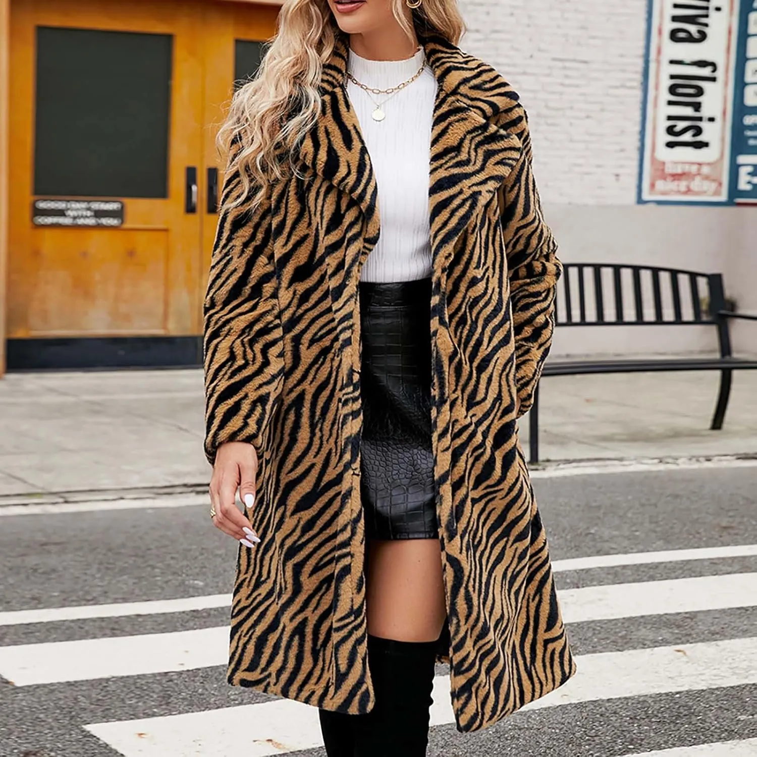 Faux Fur Winter Coats for Women Zebra Print Warm Outerwear Mid-Long Furry Overcoat Open Front Cardigan Jackets