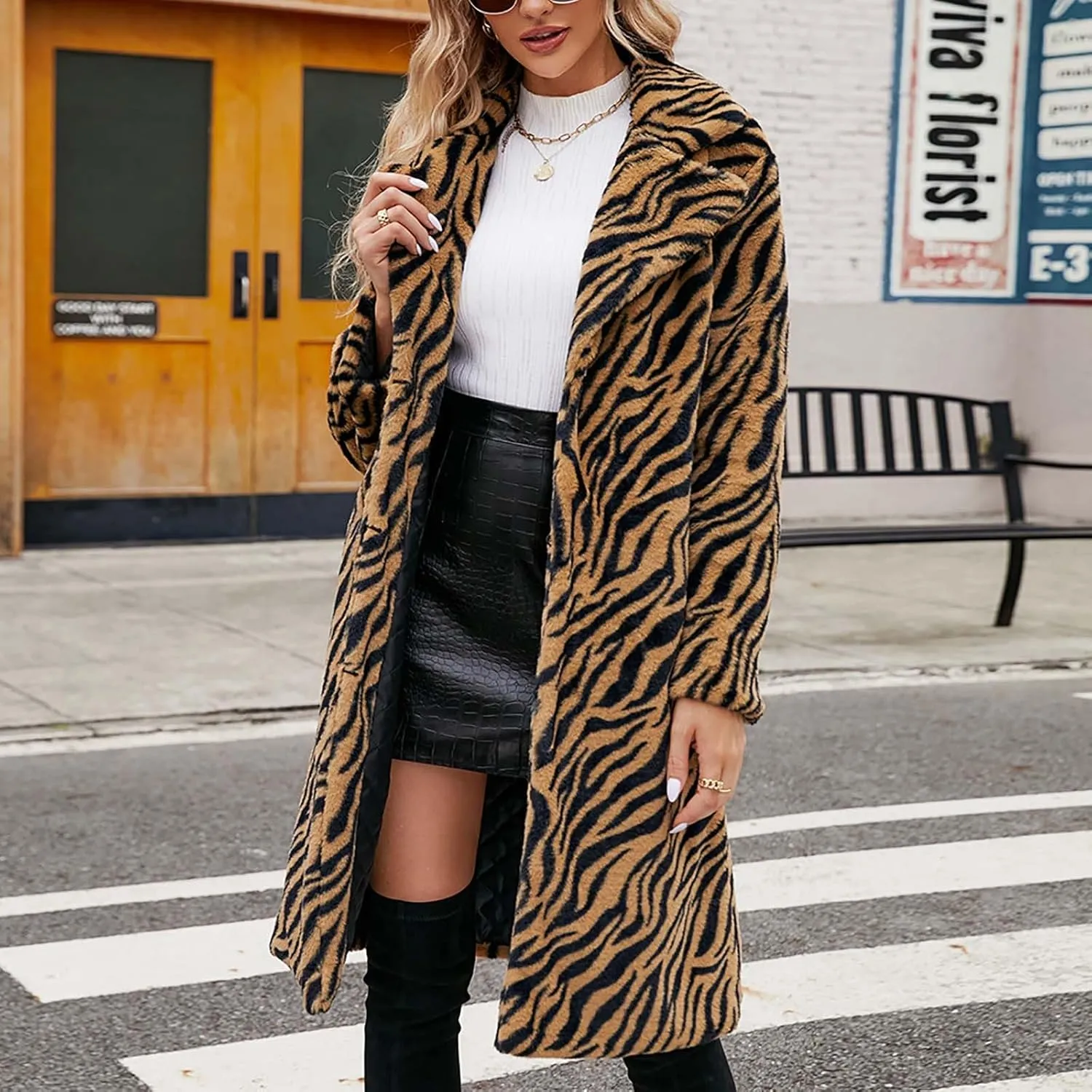 Faux Fur Winter Coats for Women Zebra Print Warm Outerwear Mid-Long Furry Overcoat Open Front Cardigan Jackets