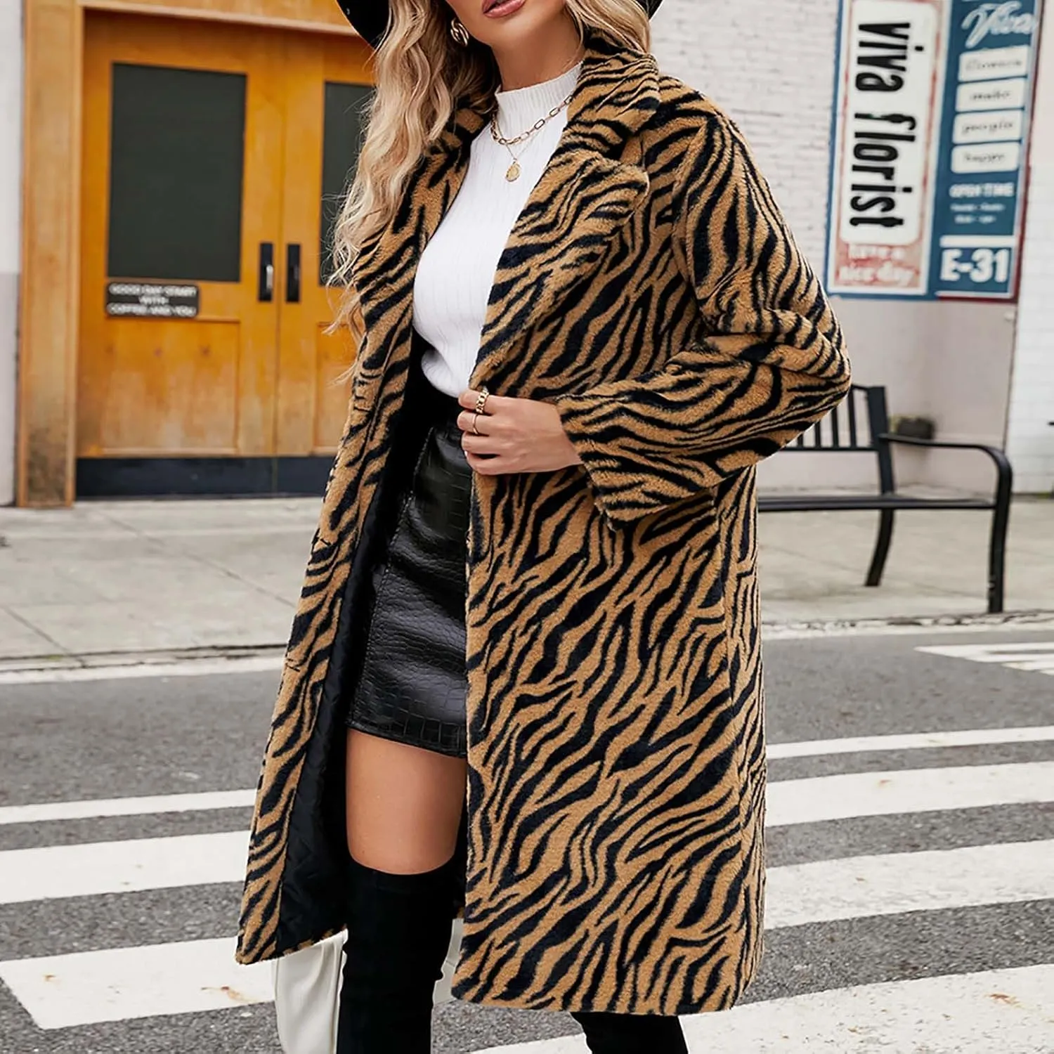 Faux Fur Winter Coats for Women Zebra Print Warm Outerwear Mid-Long Furry Overcoat Open Front Cardigan Jackets