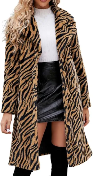 Faux Fur Winter Coats for Women Zebra Print Warm Outerwear Mid-Long Furry Overcoat Open Front Cardigan Jackets