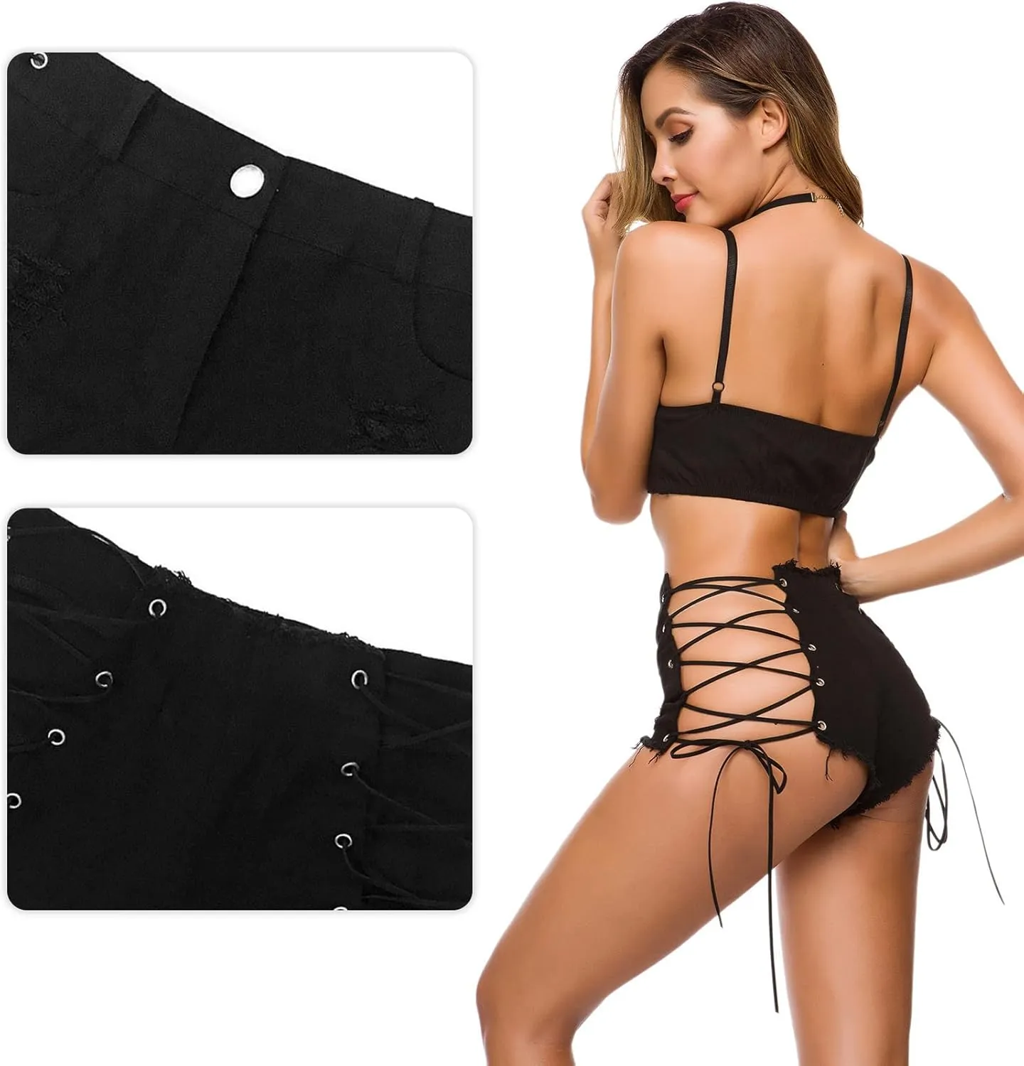 FEOYA Women's Frayed Denim Shorts Sexy Lace Up Mini Hot Pants Cut Off Ripped Hole Booty Shorts Jeans Clubwear
