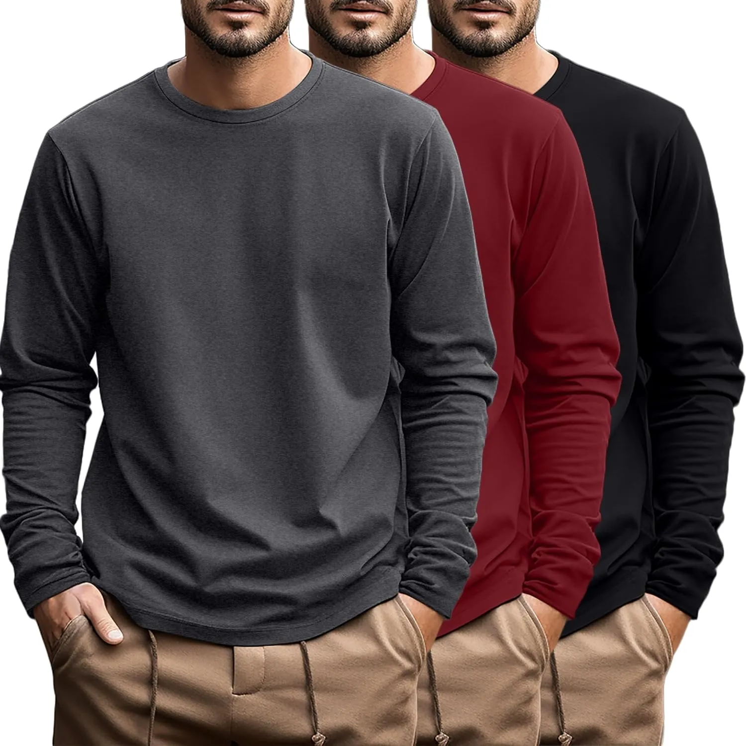 Ficerd 3 Pack Men's Big and Tall Shirts Long Sleeve Cotton Tee Crew Neck Oversize Tops Casual Loose Fit Knitted T Shirts