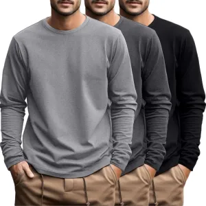 Ficerd 3 Pack Men's Big and Tall Shirts Long Sleeve Cotton Tee Crew Neck Oversize Tops Casual Loose Fit Knitted T Shirts